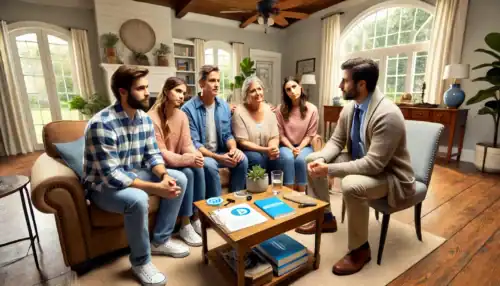 A professional intervention taking place in a Mississippi home, where a family and an interventionist support a loved one struggling with addiction and mental health challenges.