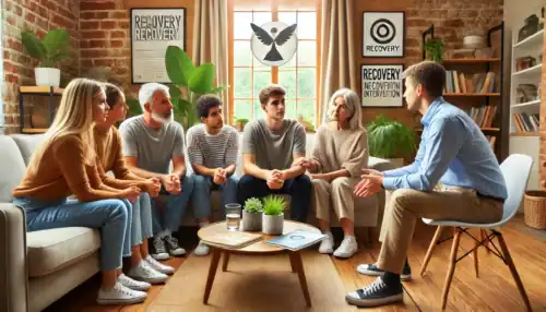 A professional intervention taking place in a Missouri home, where a family and an interventionist support a loved one struggling with addiction and mental health issues.