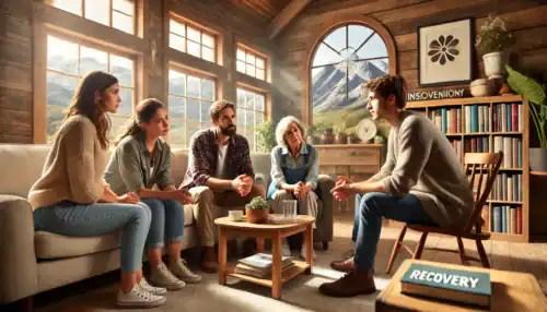 A professional intervention taking place in a Montana home, where a family and an interventionist support a loved one struggling with addiction and mental health challenges.