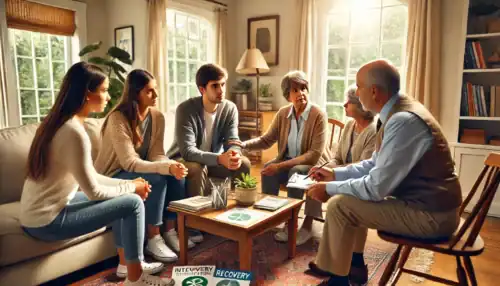 A professional intervention taking place in a New Hampshire home, where a family and an interventionist support a loved one struggling with addiction and mental health challenges.