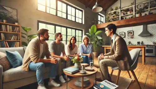 A professional intervention taking place in a New Jersey home, where a family and an interventionist support a loved one struggling with addiction and mental health challenges.