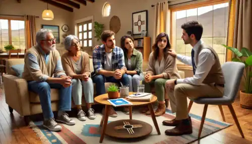 A professional intervention taking place in a New Mexico home, where a family and an interventionist support a loved one struggling with addiction and mental health challenges.