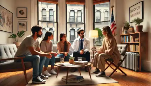 A professional intervention taking place in a New York home, where a family and an interventionist support a loved one struggling with addiction and mental health challenges.