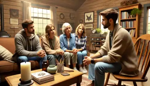 A professional intervention taking place in a North Dakota home, where a family and an interventionist support a loved one struggling with addiction and mental health challenges.
