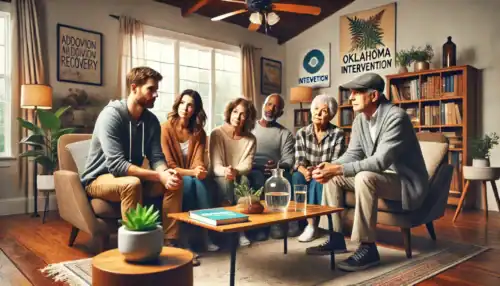 A professional intervention taking place in an Oklahoma home, where a family and an interventionist support a loved one struggling with addiction and mental health challenges.