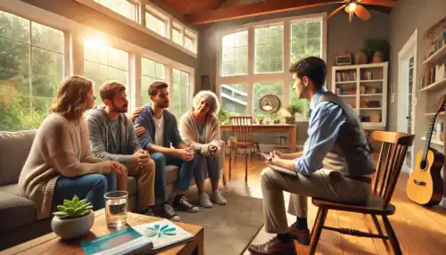 A professional intervention taking place in an Oregon home, where a family and an interventionist support a loved one struggling with addiction and mental health challenges.
