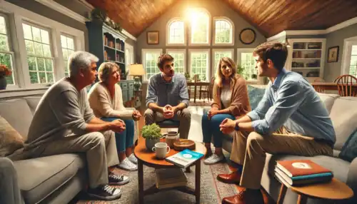 A professional intervention taking place in a Delaware home, where a family and an interventionist support a loved one struggling with addiction and mental health challenges.