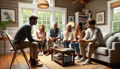 A professional intervention taking place in a Rhode Island home, where a family and an interventionist support a loved one struggling with addiction and mental health challenges.