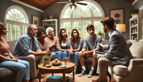 A professional intervention taking place in a South Carolina home, where a family and an interventionist support a loved one struggling with addiction and mental health issues.