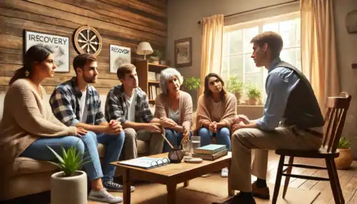 A professional intervention taking place in a South Dakota home, where a family and an interventionist support a loved one struggling with addiction and mental health challenges.