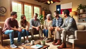 A professional intervention taking place in a Texas home, where a family and an interventionist guide a loved one toward addiction recovery in a structured and supportive setting.