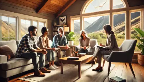 A professional intervention taking place in a Utah home, where a family and an interventionist support a loved one struggling with addiction and mental health challenges.