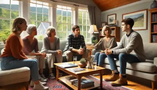 A professional intervention taking place in a Vermont home, where a family and an interventionist support a loved one struggling with addiction and mental health challenges.