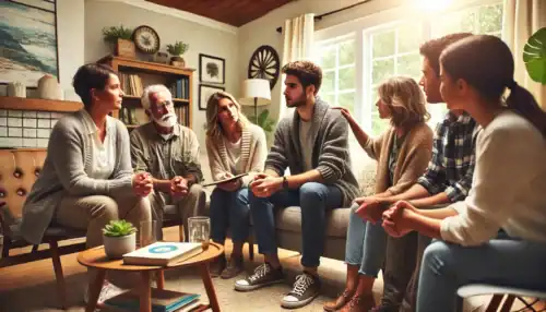 A professional intervention taking place in a Washington home, where a family and an interventionist support a loved one struggling with addiction and mental health challenges.