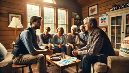 A professional intervention taking place in a West Virginia home, where a family and an interventionist support a loved one struggling with addiction and mental health challenges.