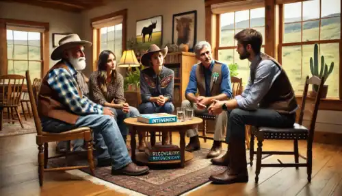 A professional intervention taking place in a Wyoming home, where a family and an interventionist support a loved one struggling with addiction and mental health challenges.
