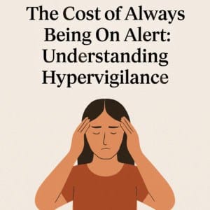 Woman holding her head in distress beneath title "The Cost of Always Being On Alert: Understanding Hypervigilance"
