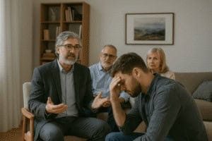 A professional intervention in a Dallas home where a family consults with an interventionist to help a loved one struggling with addiction.