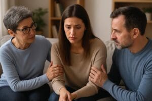 A supportive family sitting together, showing concern for a young woman who may need a substance abuse intervention.