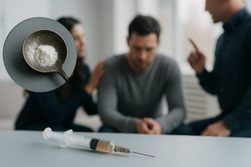 Close-up of a used syringe and drug paraphernalia on a table, with a blurred background of family members confronting a loved one during a heroin intervention